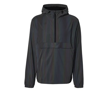 Sötét, fényvisszaverő kapucnis anorák félcipzárral és nagy elülső zsebbel.