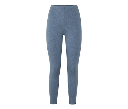 Kék, melírozott magas derekú leggings, laposan elhelyezve fehér háttér előtt.