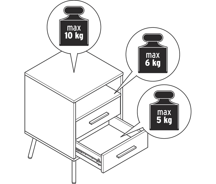 Kétfiókos, fa hatású kisasztal nyitott polccal. Maximális terhelés: 10 kg felül, 6 kg a nyitott polcon, 5 kg fiókonként.