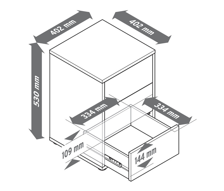A boxspring éjjeliszekrény méretei nyitott fiókkal.