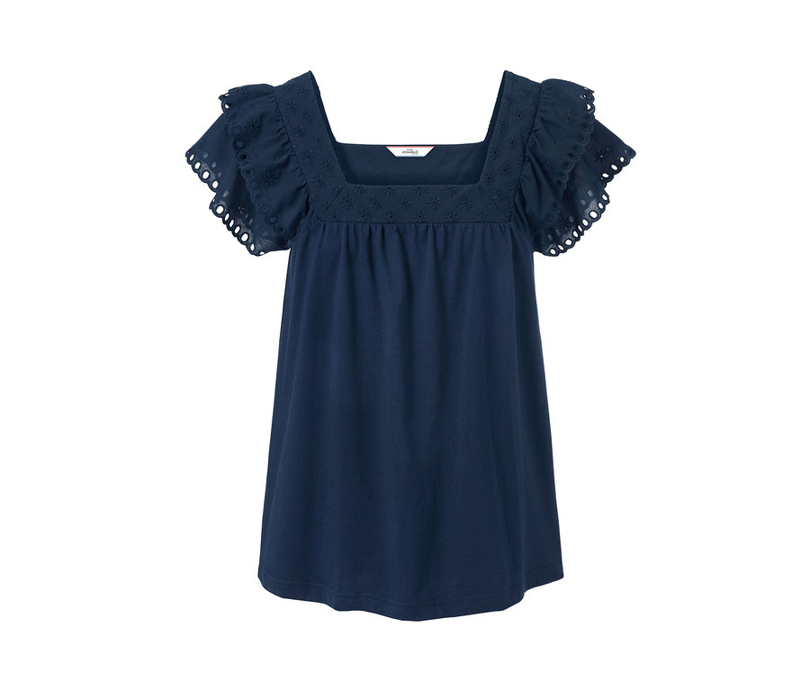 Sötétkék, rövid ujjú, hímzett nyakú női felső.