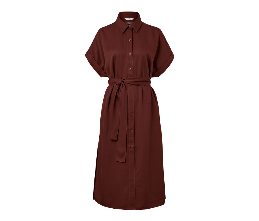 Terrakotta színű, lenvászon keverékből készült női midi blúzruha gombokkal és övvel.