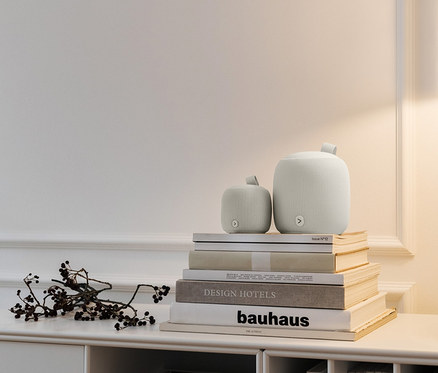 Két szürke Bluetooth® hangszóró (M) egymásra rakva könyveken.