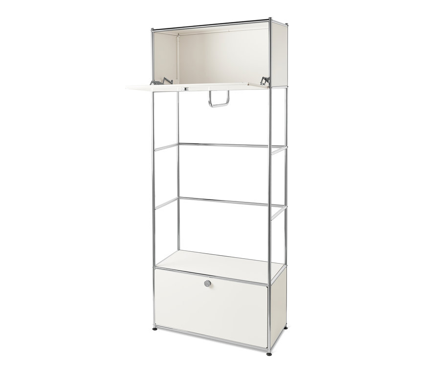 Fehér fém nyitott ruhásszekrény, 2 ajtóval, nyitott felső szekrénnyel és alsó fiókkal.