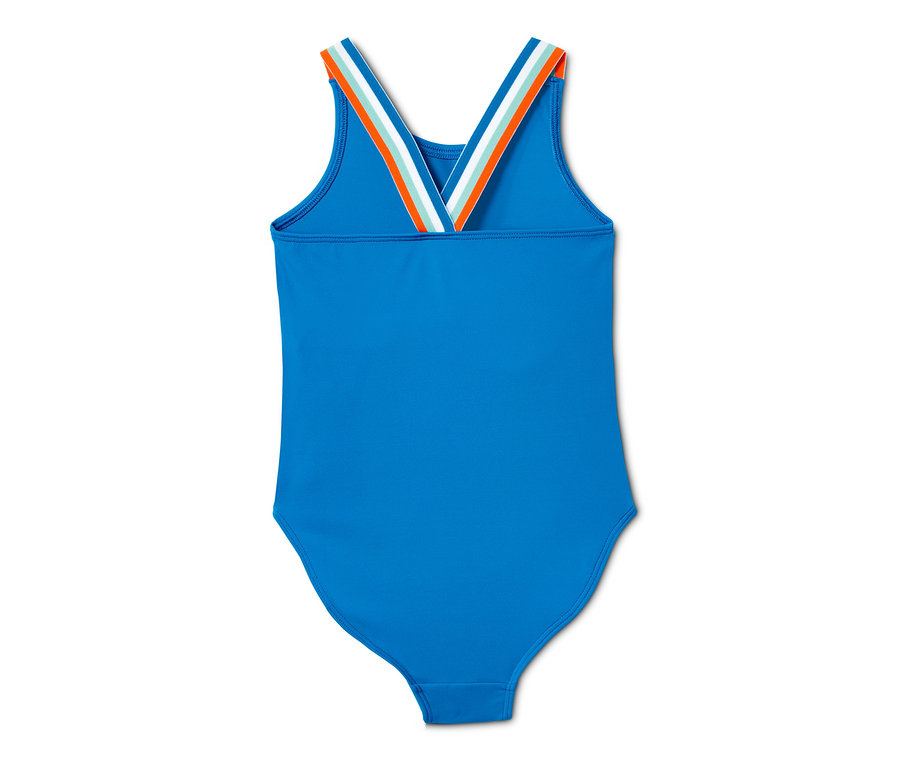 Kék fürdőruha újrahasznosított anyagból, színes pántokkal.