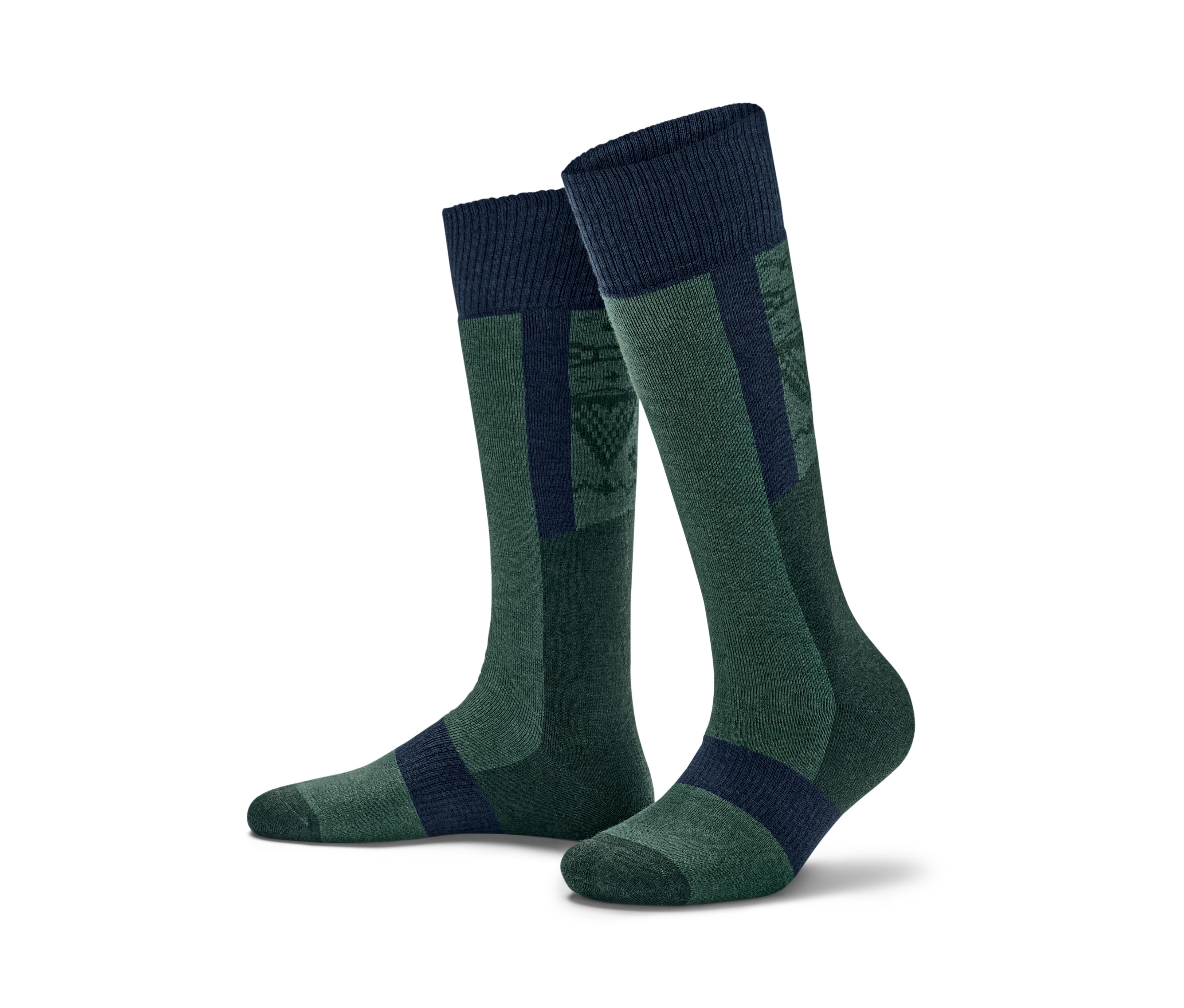 Két termo térdzokni RWS minősített gyapjúval, zöld és kék színben, fehér háttérrel.