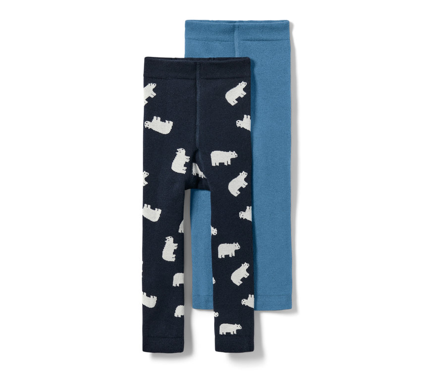 Két kisgyerek termoleggings. Az egyik sötétkék jegesmedve mintával, a másik világoskék.