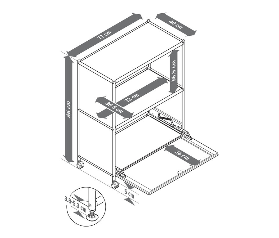 A »CN3« polcos komód méretei lenyitható ajtóval: 86 x 77 x 40 cm.