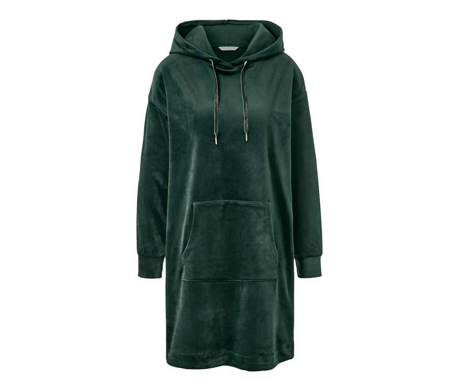 Zöld plüss kapucnis lezser ruha kenguruzsebbel.