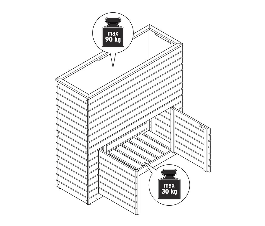 A »Tinus« térelválasztó virágláda tárolószekrénnyel rajza.