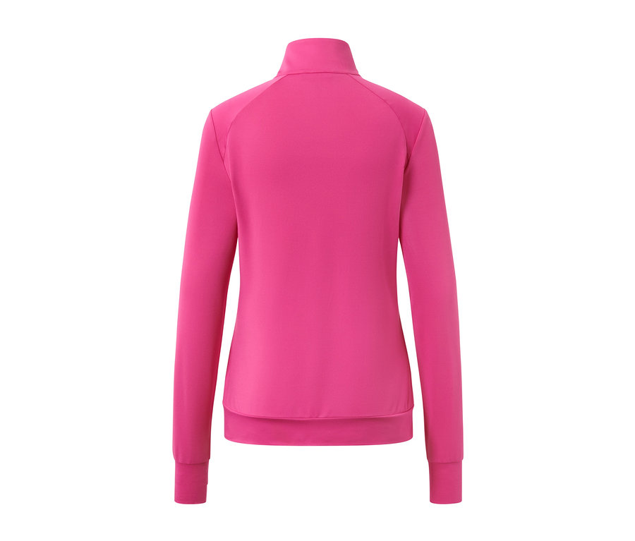 Hátulnézet egy fukszia színű női funkcionális szabadidőfelsőről.