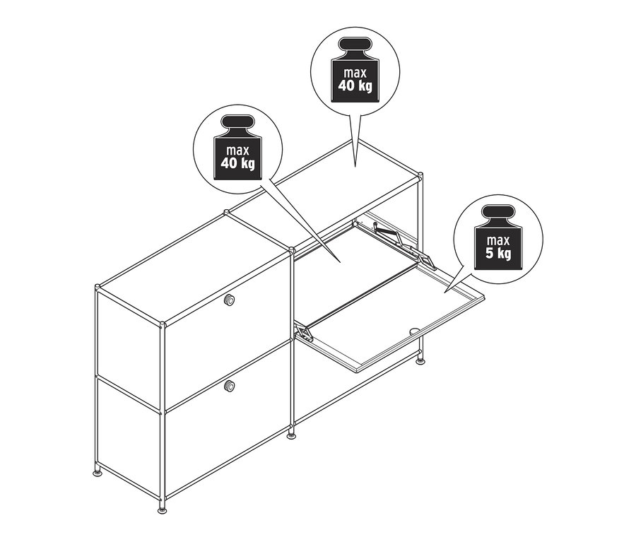 Egy »CN3« fém komód rajza 4 lenyíló ajtóval, melyből az egyik nyitva van.