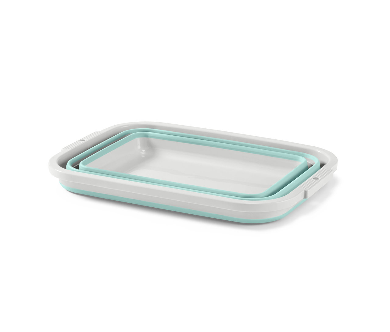 Egy fehér és kék színű, összehajtható ruháskosár.