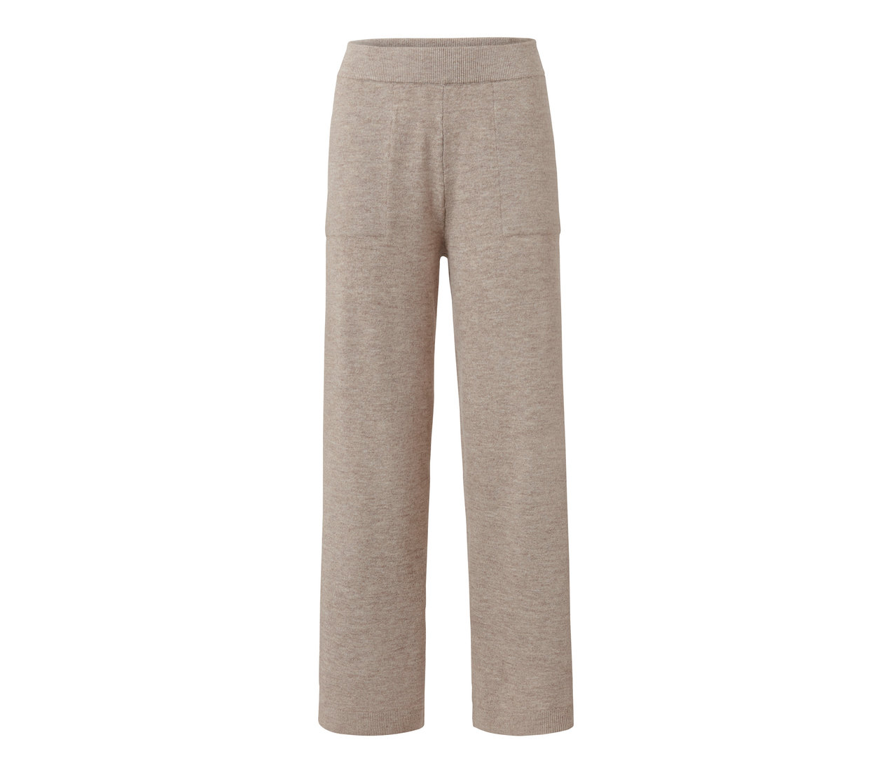 Bézs kötött szabadidőnadrág zsebekkel.