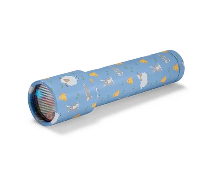 Kék kaleidoszkóp bárány, nyúl és sajt mintával.