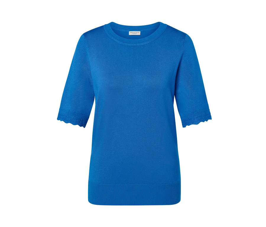 Kék, finom kötésű, rövid ujjú női pulóver.