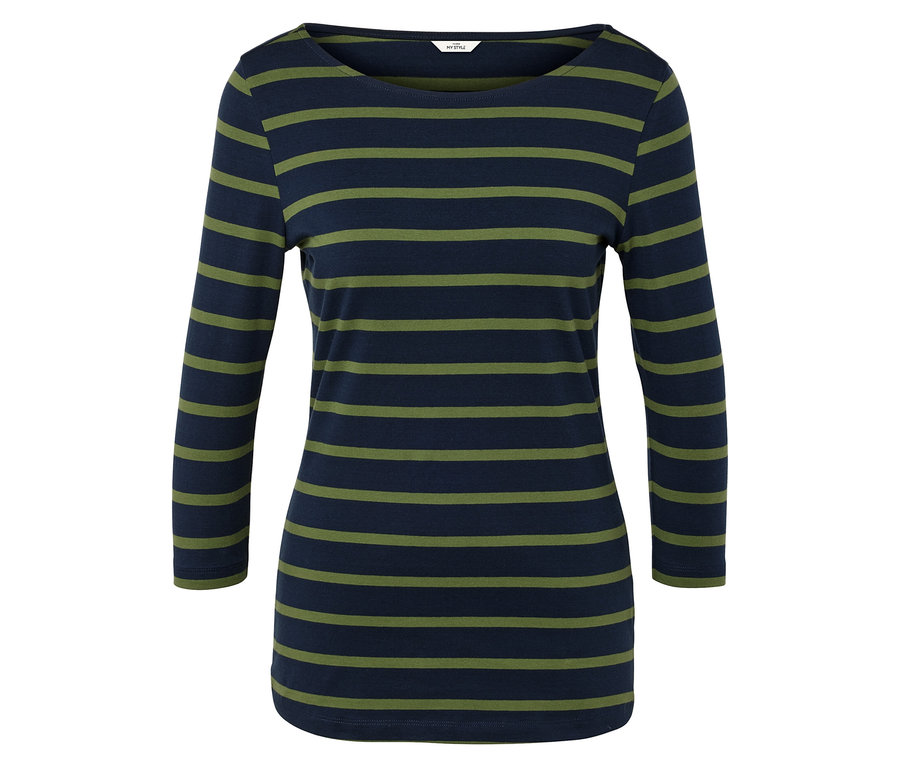 Női hosszú ujjú póló kék és zöld vízszintes csíkokkal.