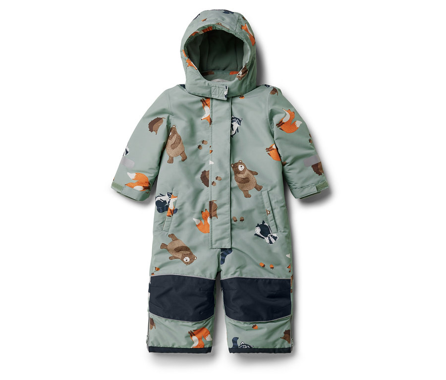 Világoszöld, kapucnis overall állatmintával.