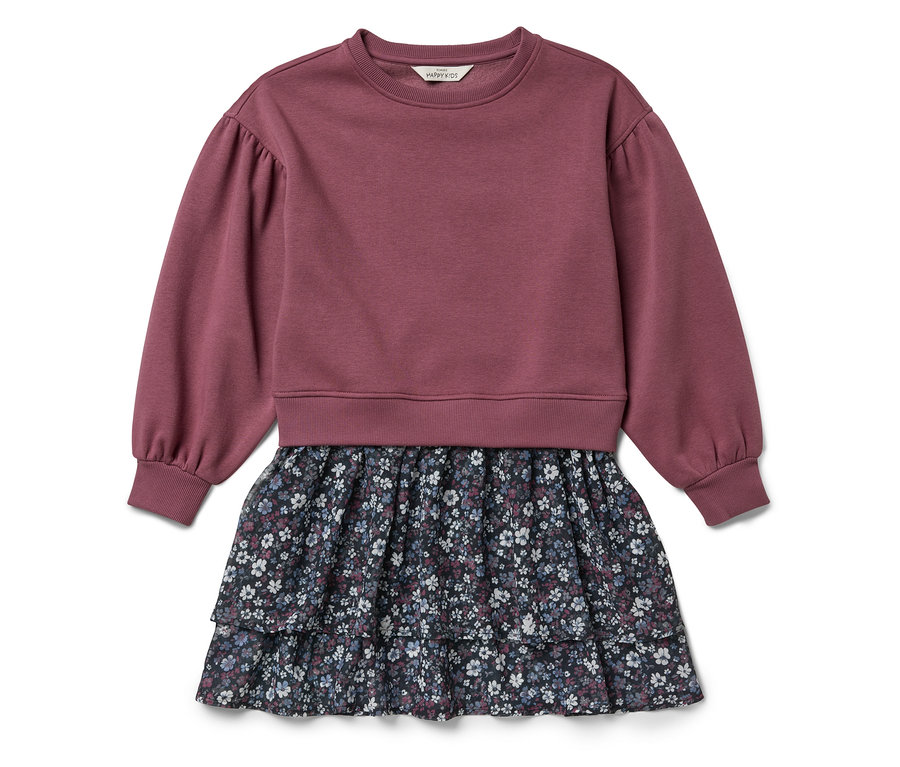 Lila, hosszú ujjú ruha virágos szoknyával.