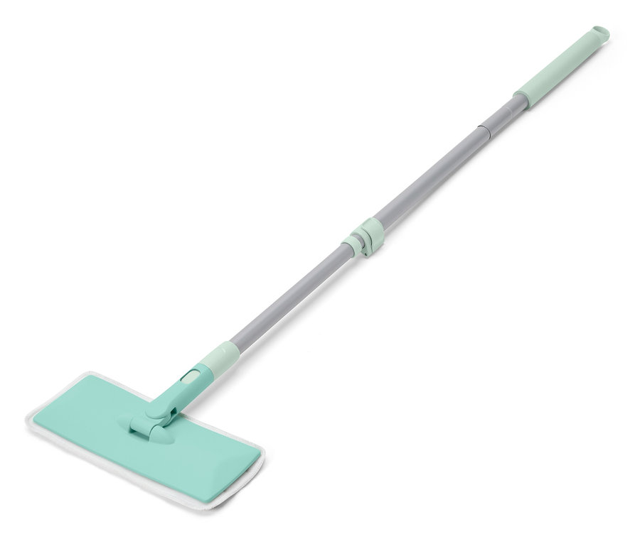 Zöld felmosó teleszkópos nyéllel és fehér tisztító párnával.