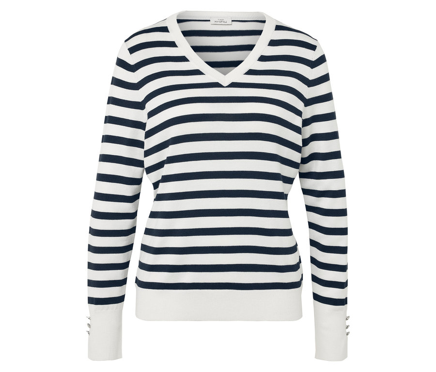 Kék-fehér csíkos, hosszú ujjú, V-nyakú pulóver.