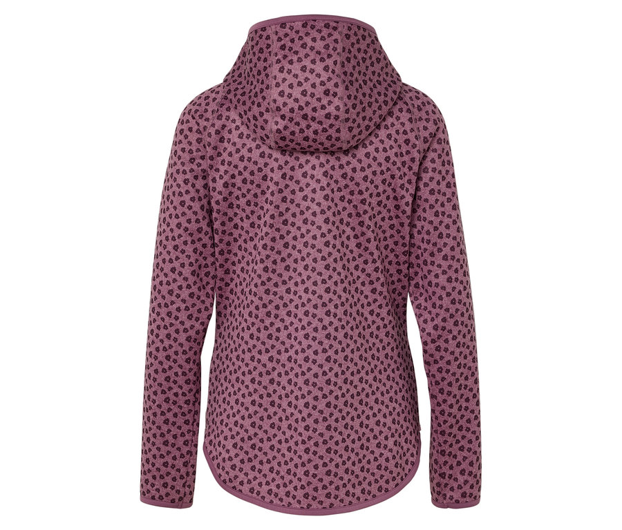 Egy lila színű, sötétlila pöttyös mintázatú kapucnis pulóver részletes hátulnézete.