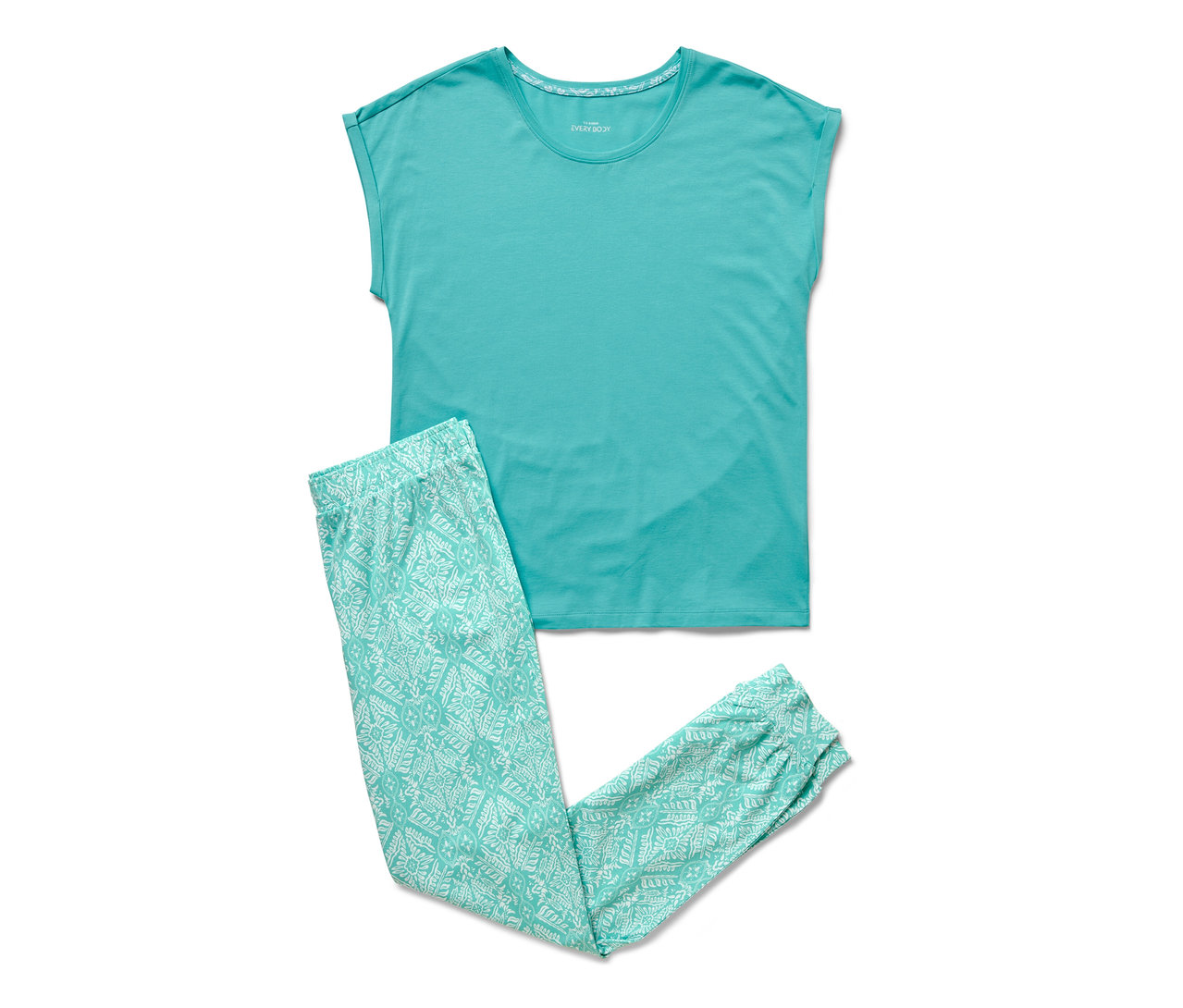 Türkiz pizsama szett rövid felsővel és mintás, hosszú nadrággal.