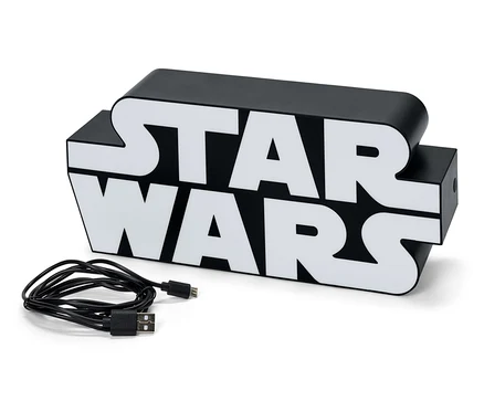 Fekete-fehér Star Wars lámpa fekete kábellel fehér háttéren.