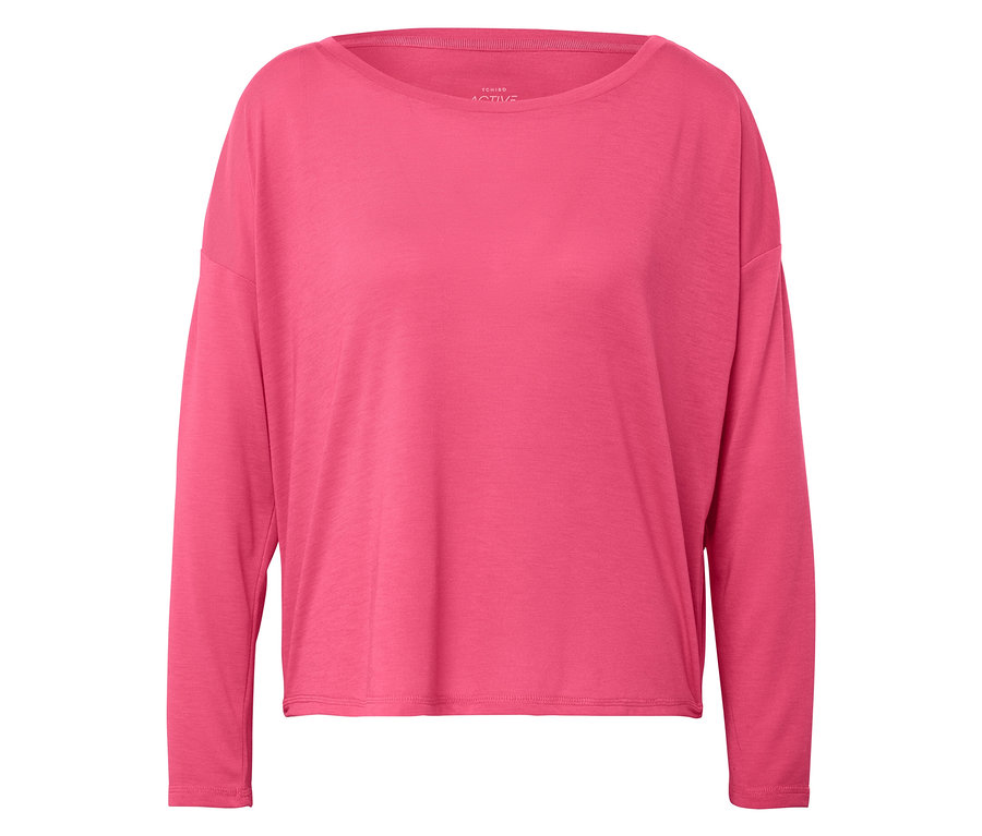 Egy rózsaszín, hosszú ujjú póló fekszik egy fehér háttéren.