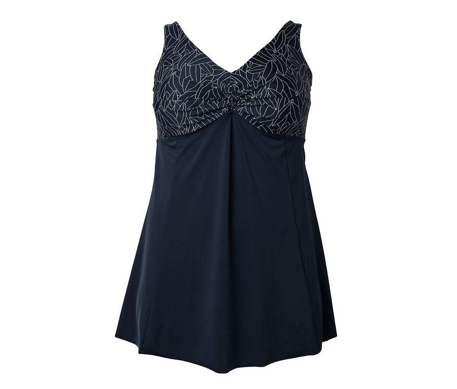 Kék fürdőruha fehér levélmintával.