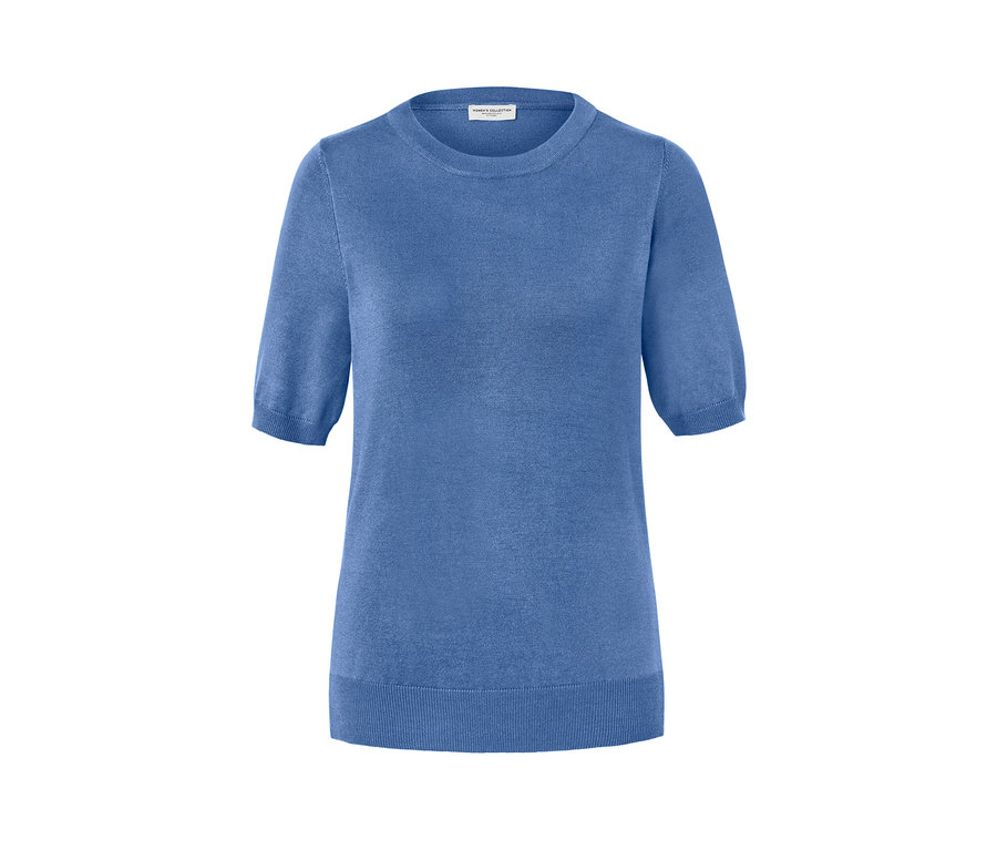 Kék, finom kötésű, rövid ujjú pulóver.