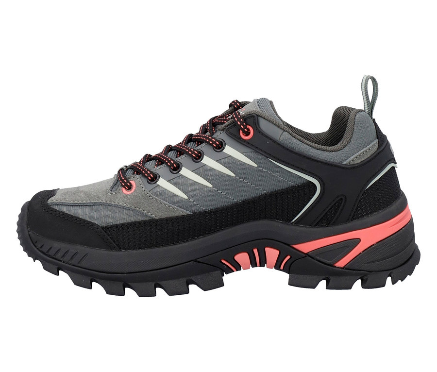 Szürke és fekete túracipő narancssárga fűzőkkel.