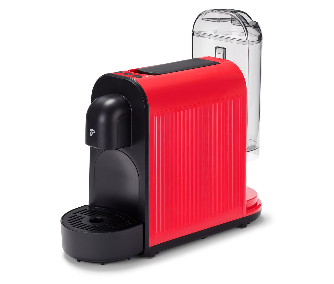 A piros Cafissimo now red kávéfőző víztartállyal fehér alapon áll.