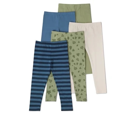 Öt leggings kék csíkos, kék, olíva, bézs és olíva színben, levélmintával egymásra helyezve.