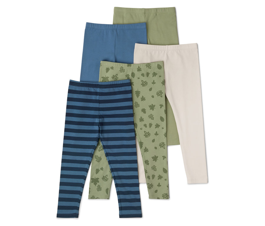 Öt leggings kék csíkos, kék, olíva, bézs és olíva színben, levélmintával egymásra helyezve.