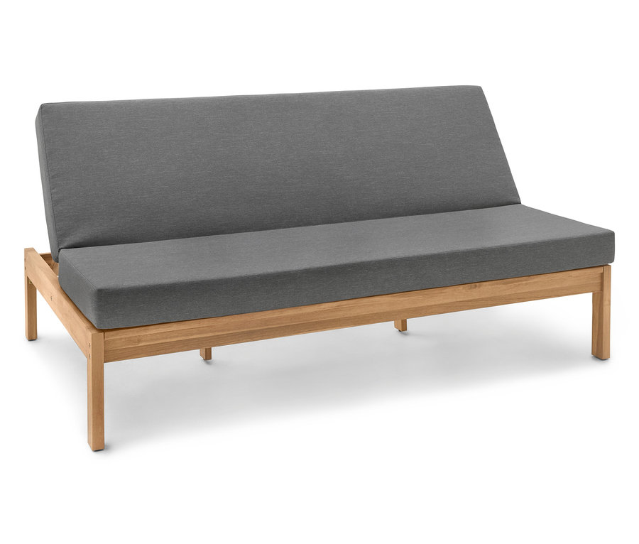 Szürke kanapé fa kerettel.