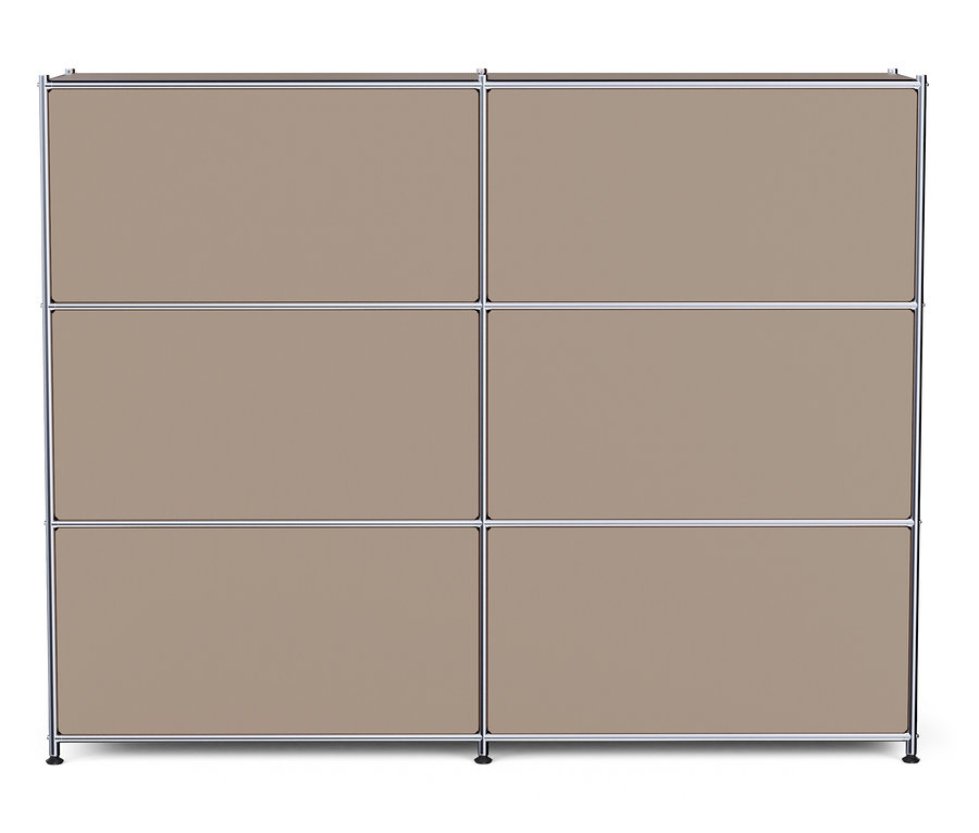 A szürkésbarna színű, 6 lenyíló ajtóval rendelkező »CN3« fém komód fehér háttér előtt áll.