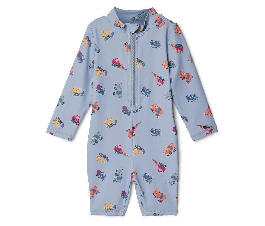 Világoskék fürdőruha teljes hosszában cipzárral és színes építőipari járművekkel.