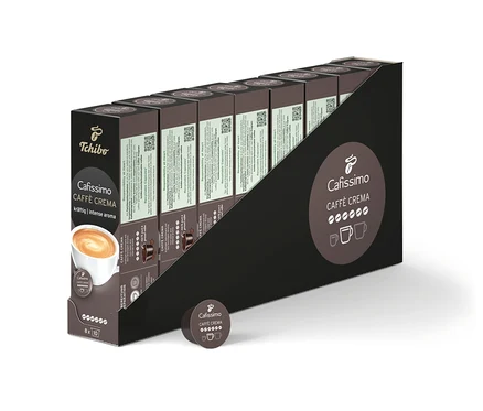 Egy csomag Cafissimo Caffè Crema kapszula látható. A csomagoláson egy csésze kávé képe van.