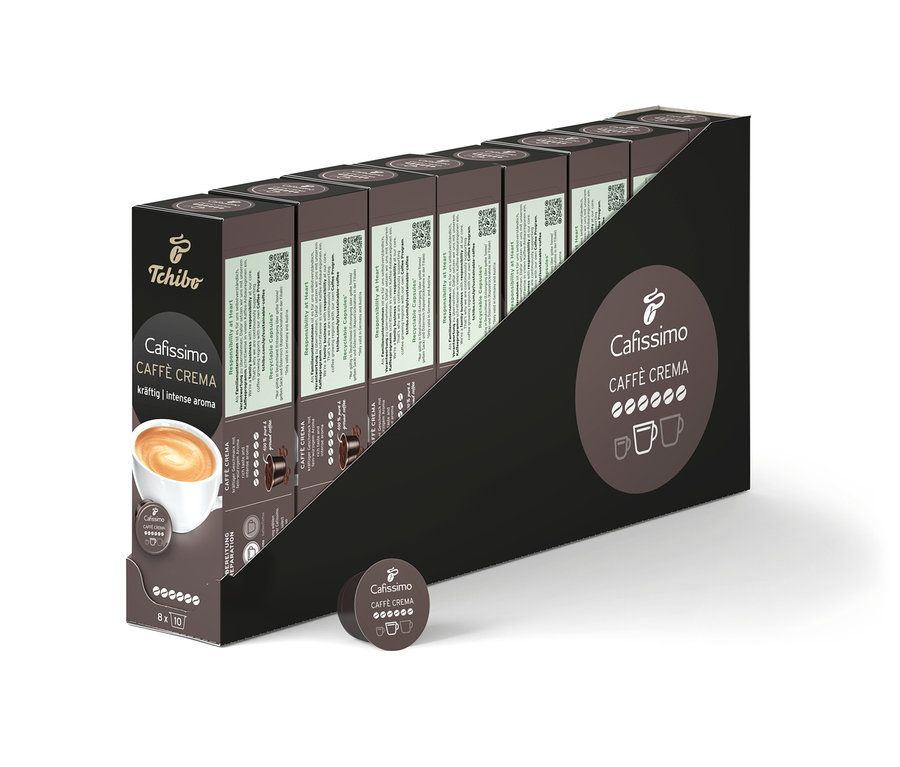 Egy csomag Cafissimo Caffè Crema kapszula látható. A csomagoláson egy csésze kávé képe van.