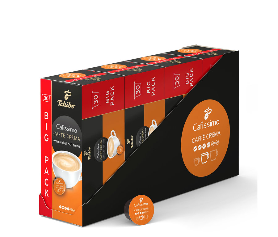 Egy csomag Cafissimo Caffè Crema kapszula látható. A csomagolás fekete, narancssárga elemekkel.