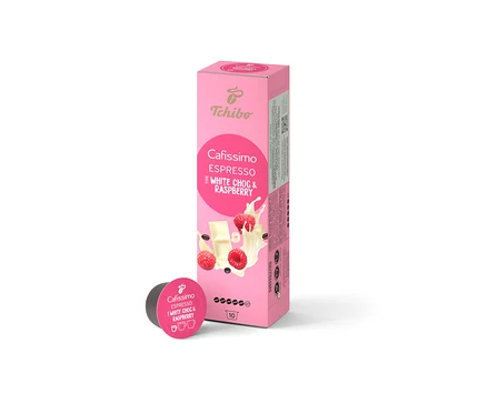 Egy csomag Cafissimo Flavoured Espresso - White Choc & Raspberry - 10 kávékapszula. Mellette egy különálló kapszula látható.