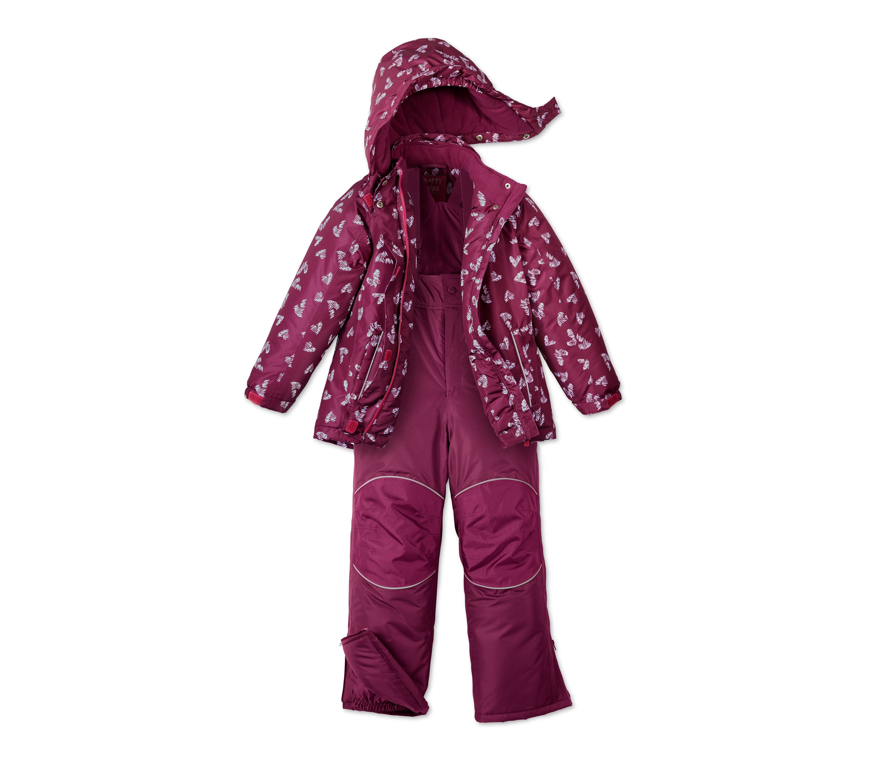 Lila színű, fehér szív mintás gyerek téli kétrészes overál.