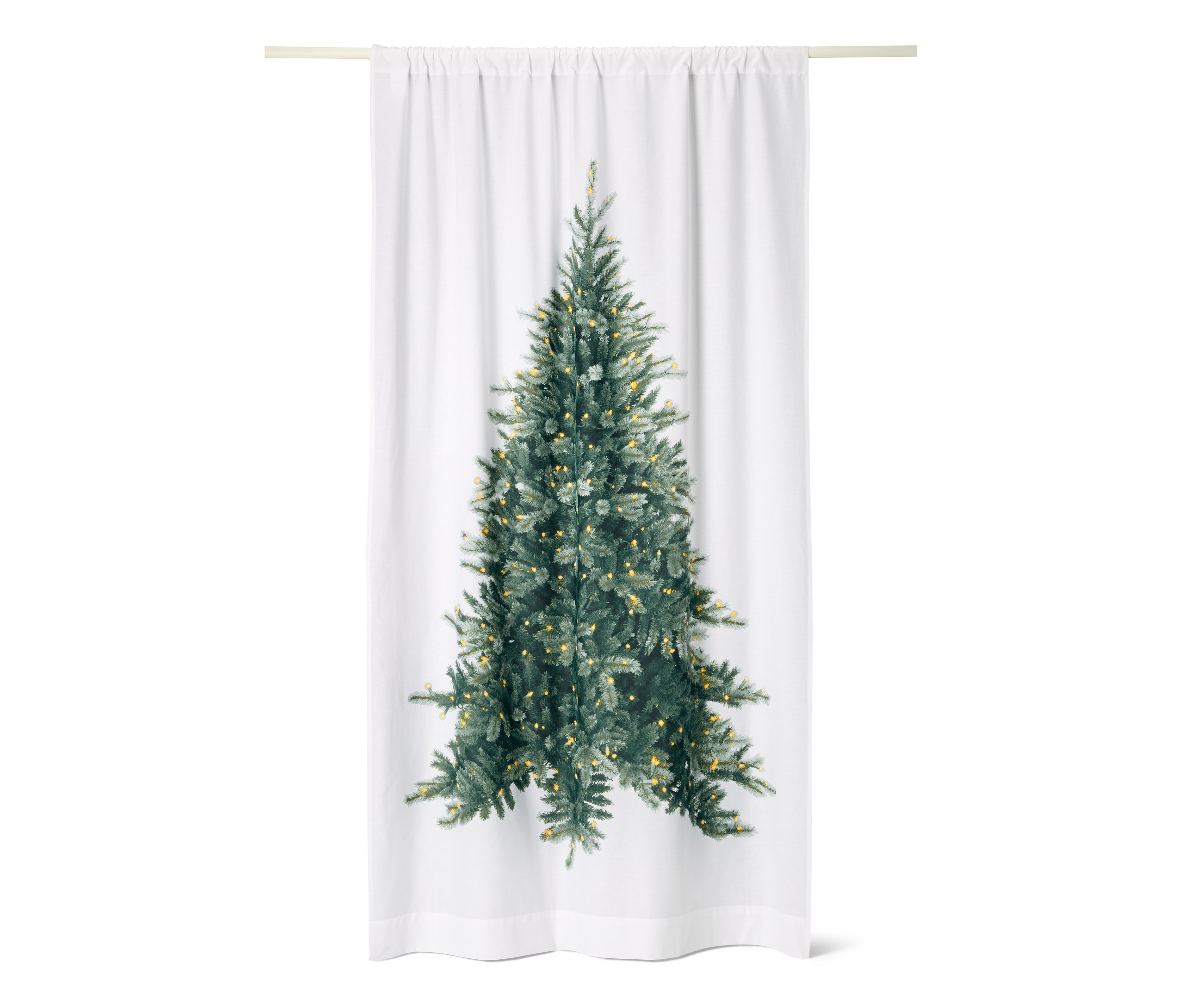 Fehér függöny karácsonyfa mintával.