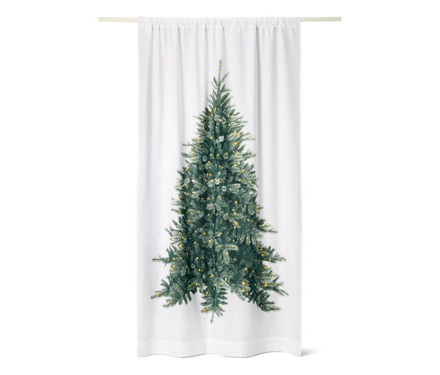 Fehér függöny karácsonyfa mintával.