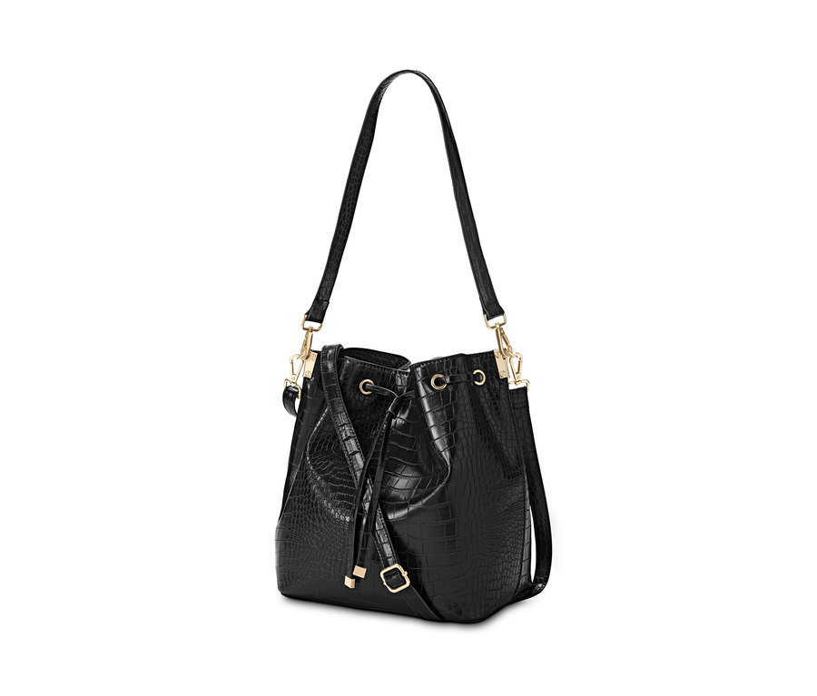 Fekete, krokodilbőr hatású női válltáska.
