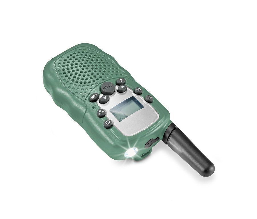 Zöld walkie-talkie antennával és lámpával.