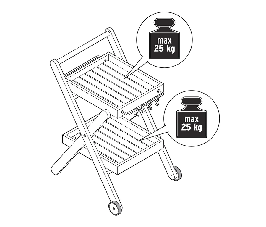 Kis BBQ zsúrkocsi két polccal és kerekekkel.