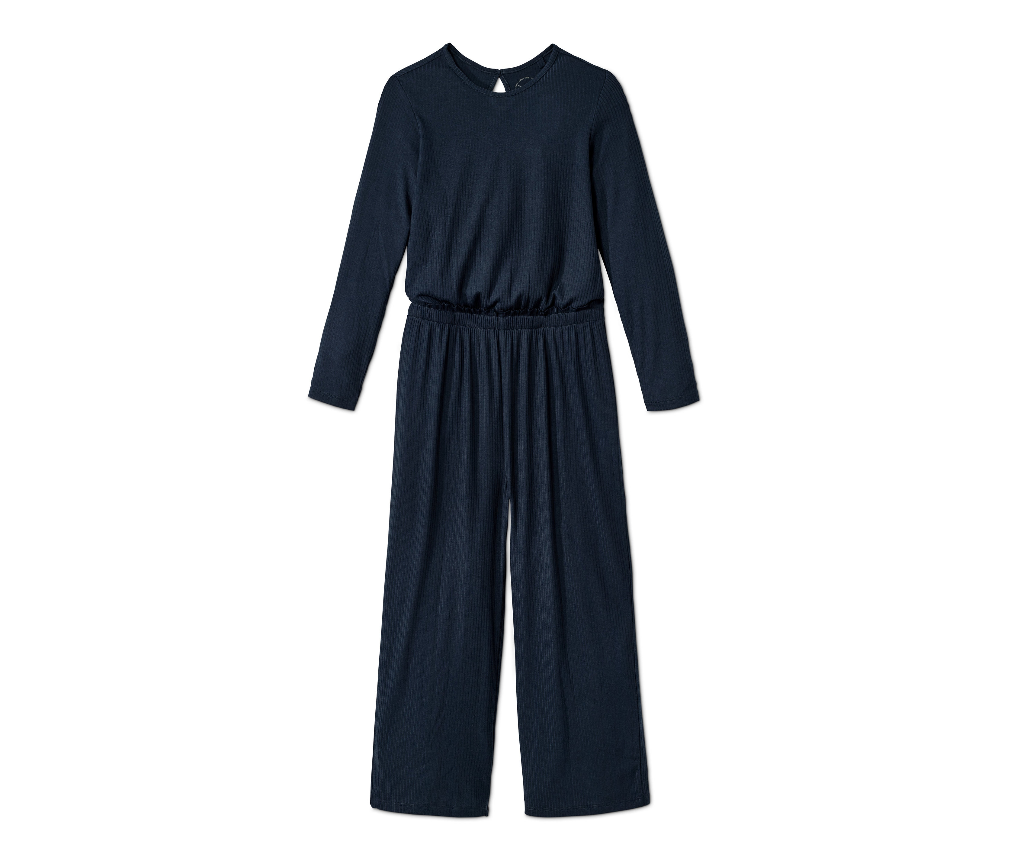 Sötétkék, hosszú ujjú lány dzsörzé kezeslábas.