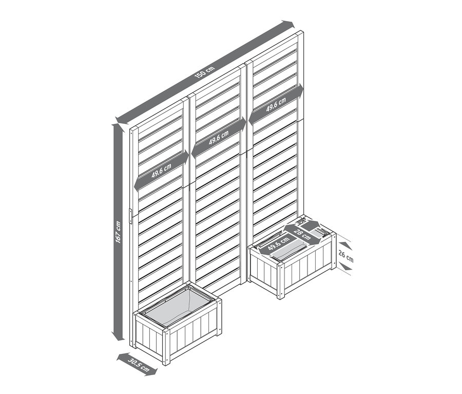 Két virágládás »Tinus« belátásgátló illusztrációja méretekkel.